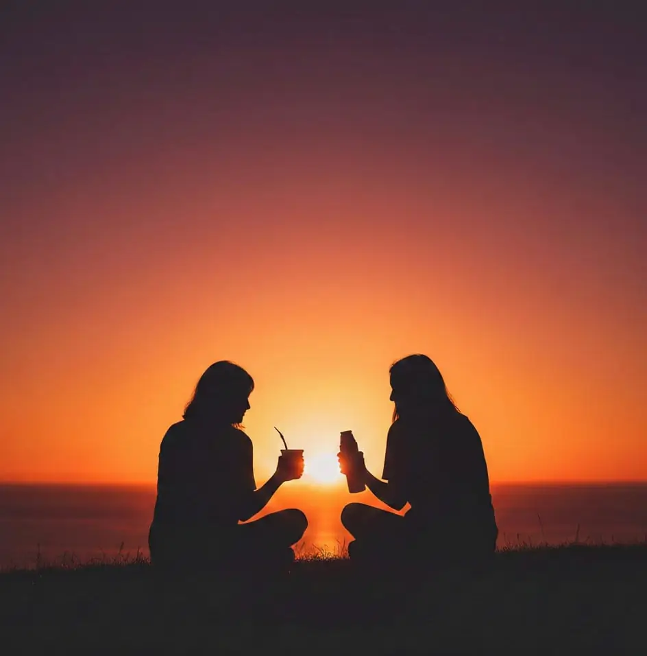 Dos mujeres compartiendo mate al atardecer frente al mar